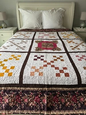 Handmade Cotton Quilt  "Nine  Patch" With Brown And Cream Pattern " 82"x 86" - Image 1 of 4