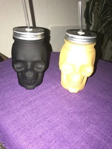 New Mainstay Matte Black/Gold Skull Sipper Glass Mason Jar Sold Indv. Day Dead - Picture 1 of 5