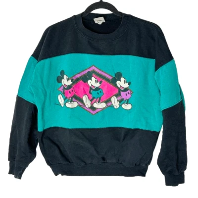 VTG 90s Disney Sweatshirt Women Sz S/M Teal Blue Black Graphic Crew Mickey Mouse - Image 1 of 4