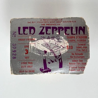 Boleto de concierto original Led Zeppelin, 3 de junio de 1977 TAMPA STADIUM, RAIN DISTURBIOS Foto 1 de 4