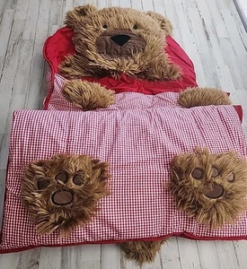 Pottery Barn Kids Sleeping Bag Brown Teddy Bear Red White Gingham - Picture 1 of 7