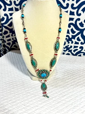 Collar Boho llamativo imitación turquesa cuentas rojas tono plata estilo étnico Foto 1 de 4