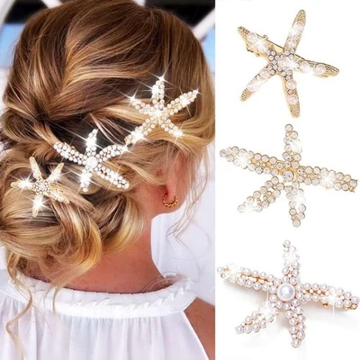 Starfish Hair Clips Gold Metal Sea Star Hair Barrette Pearl Beach Hair Access... - Image 1 of 4