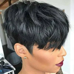 Remy Indian Human Hair Wig Pixie Cut Short Straight Wig None Lace Wig Black 100% - Picture 1 of 12