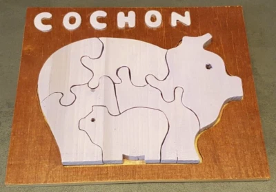 Jeux en bois fait main en France - Puzzles animaux - Cochon et son bébé - Photo 1/2