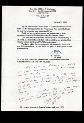 FAN LETTER RESPONSE - BOB OLDIS RE: PITTSBURGH PIRATES 1960, BAS CERTIFIED - Image 1 of 2