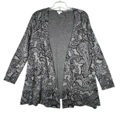 J. Jill Sweater Women Medium Gray Black Paisley Open Cardigan Neutral Minimalist - Image 1 of 4
