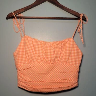 Zara Pink & Orange Gingham Plaid Ruched Smocked Back Cropped Top Womens Size L - Image 1 of 4