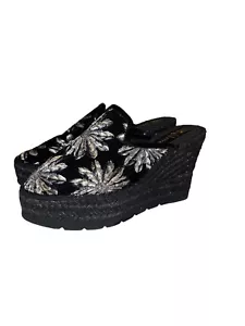 Vidorreta Spain Velvet Floral Espadrille Wedge Black/silver 39- 8 - Picture 1 of 7