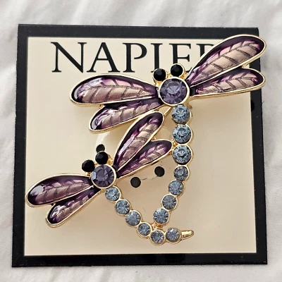 Napier Dragonfly Dragonflies Purple Enamel Blue Rhinestone Brooch Pin Signed NEW Foto 1 de 4