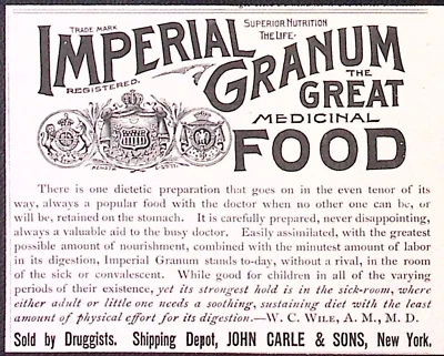 Anuncio impreso de John Carle & Sons 1891 Imperial Granum Great Medicinal Food 3,5 x 4,5" Foto 1 de 2