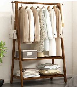 Foldable Bamboo Wooden Clothes Rail Rack Garment Hanging Stand Storage Shelf UK - Picture 1 of 27