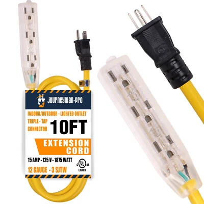 10 Foot Yellow Indoor Outdoor Extension Cord 3-Outlet 10ft feet 10' Short Power - Image 1 of 4