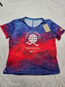 Nike USA One Women’s Dri-Fit Short Sleeve Shirt Blue Red Size Large L FJ3432-635 - Picture 1 of 6