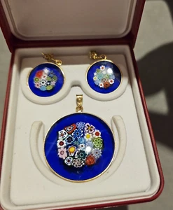 Venetian Glass Millefiori Pendant Necklace & Earring Set in Box Marked AMV 925 - Picture 1 of 16