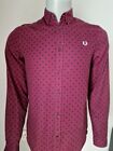 Fred Perry Burgundy Small Mens Shirt Button Down Polka Dot Cotton Long Sleeve