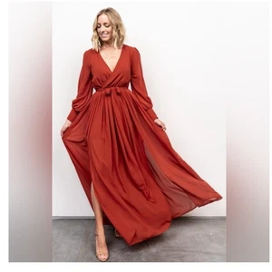 Baltic Born Maxikleid Größe L Rost Bindeband Taille Langarm Festkleid - Bild 1 von 14