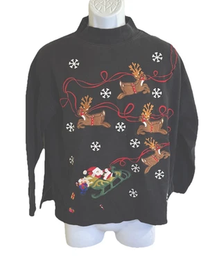 Camisa de Navidad Bordada Bechamel De Colección Talla M Pequeña Santa Trineo Reno Negra Foto 1 de 4