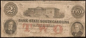 1861 $2 BILL SOUTH CAROLINA BANK NOTE LARGE OLD CIVIL WAR MONEY NO CUT CANCELS - Picture 1 of 2