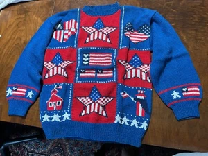 Suéter vintage de algodón del sur tejido a mano talla pequeña bandera americana/casa escolar - Imagen 1 de 7