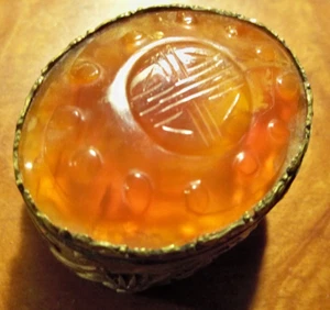 victorian Chinese shou case snuff Box Carnelian compact casket ormolu stone carv - Picture 1 of 6