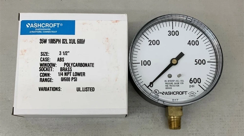 2 ASHCROFT Fire Sprinkler Pressure Gauges 35W 1005PH 02L XUL 600
