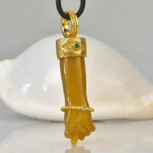 Gold Vermeil Sterling Mano Fico Figa Anhänger Chalzedon Smaragd Diamant 11.95 G - Bild 1 von 11
