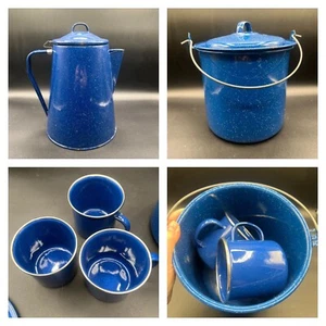 Vintage Blue Enamelware Speckled Coffee Pot/ Kettle, Covered Pot & 3 Mugs - Picture 1 of 23