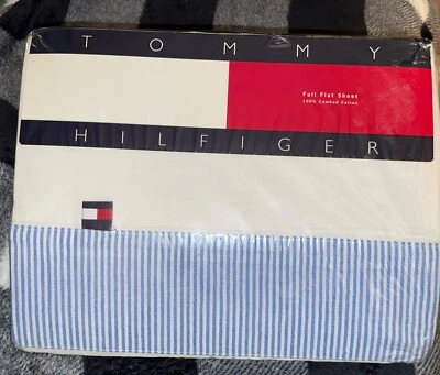 Tommy Hilfiger 100% Cotton Bleach White W/Blue PinStripe Top Full Flat Sheet-New - Image 1 of 4