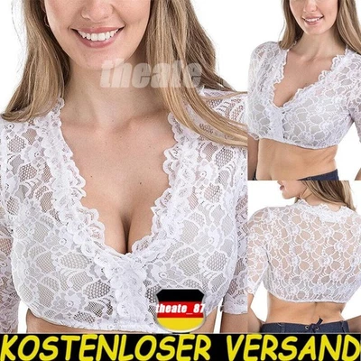 Damen Spitze Dirndlbluse 3/4 Arm weiß Trachten Bluse Oktoberfest Wrap Crop Tops! - Bild 1 von 4