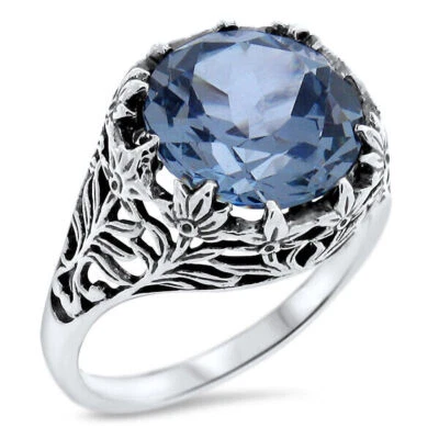 VICTORIAN STYLE FILIGREE 925 STERLING SILVER SIMULATED AQUAMARINE RING      738X - Image 1 of 4