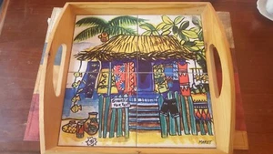 Vtg Serving Tray w/4 tile panels Beach Scene   - Picture 1 of 7