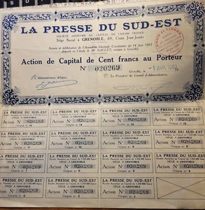 Bon au porteur - La Presse du Sud Est - Action au Capital de 100 francs - 1940 - Picture 1 of 1