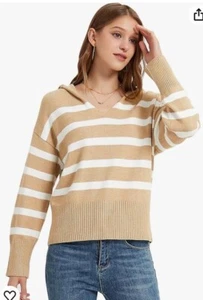 Women’s striped jumper Knitted V Neck Size S 8-10 Cream - Picture 1 of 5