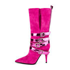 Womens Pull On Stiletto High Heels Mid Calf Boots Pointed Toe Rose Buckle Shoes