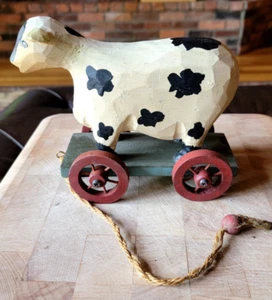 Vintage Primitive Carved Wooden Cow Pull Toy Folk Art - Picture 1 of 9