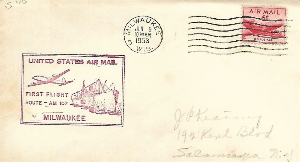 First Airmail Flight Milwaukee WI - Springfield IL June 9 1953 AAMC#107S46 - Image 1 of 1