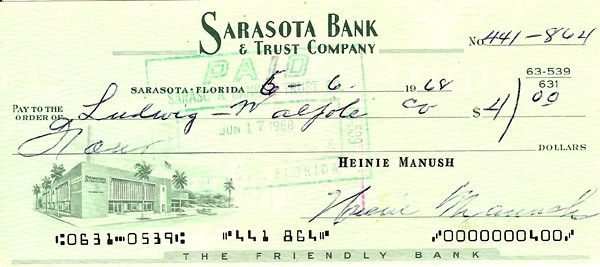 Heinie Manush Autographed Signed Check Washington Senators - Image 1 of 1