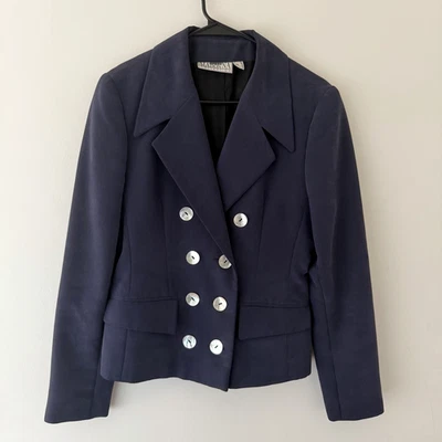 Blazer azul marino de doble botonadura para mujer 8 botones estructurados Peplum Shell Preppy Foto 1 de 4