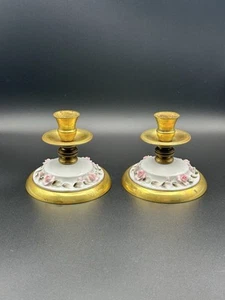 Pair Of Vintage Unique Brass And Porcelain Rose Candlestick Holders - Picture 1 of 13