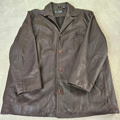 Abrigo utilitario de cuero marrón forrado a cuadros talla XL Nicole Miller NYC de colección para hombre Foto 1 de 4