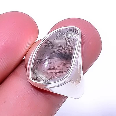 Black Rutilated Quartz - Srilanka Gemstone 925 Sterling Silver Ring s.8.5 A317 - Image 1 of 4