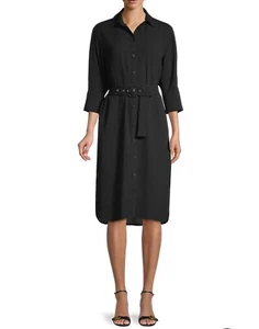 Michael Kors $140 Roll-Sleeve Belted Black Shirt Dress Womens Large Stretch  - Picture 1 of 16