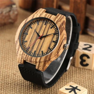Reloj de madera de bambú para hombre con correa de cuero negro relojes informales de cuarzo - Imagen 1 de 9