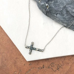 14KT White Gold Sideways Blue & White Diamond Cross Pendant & Necklace NEW - Picture 1 of 12