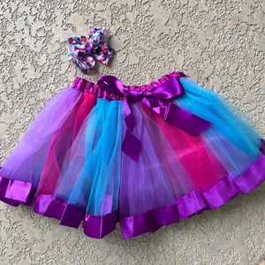 Girls Layered Rainbow Tutu Skirt Dance Dress Costume with Matching Hair bow - Picture 1 of 2
