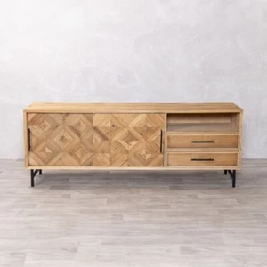 MID-CENTURY STYLE SIDEBOARD PINE TV STAND UNIT HERRINGBONE SIDEBOARD WITH DOORS - Picture 1 of 13