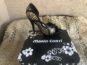Neu mit Etikett Mario Corti offene Zehenpartie Stiletto Absätze Tierdruck Tiger schwarz/gold Stil Sara - Bild 1 von 10