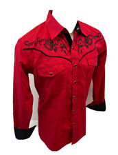 Mens RODEO WESTERN Shirt HORSESHOE RED BLACK TRIBAL STITCH SNAP UP Cowboy 1145