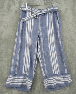 Pantalones Ralph Lauren LRL Mujer 12 Lino Pierna Ancha Recortados Cinturón Rayas Náuticos Foto 1 de 4